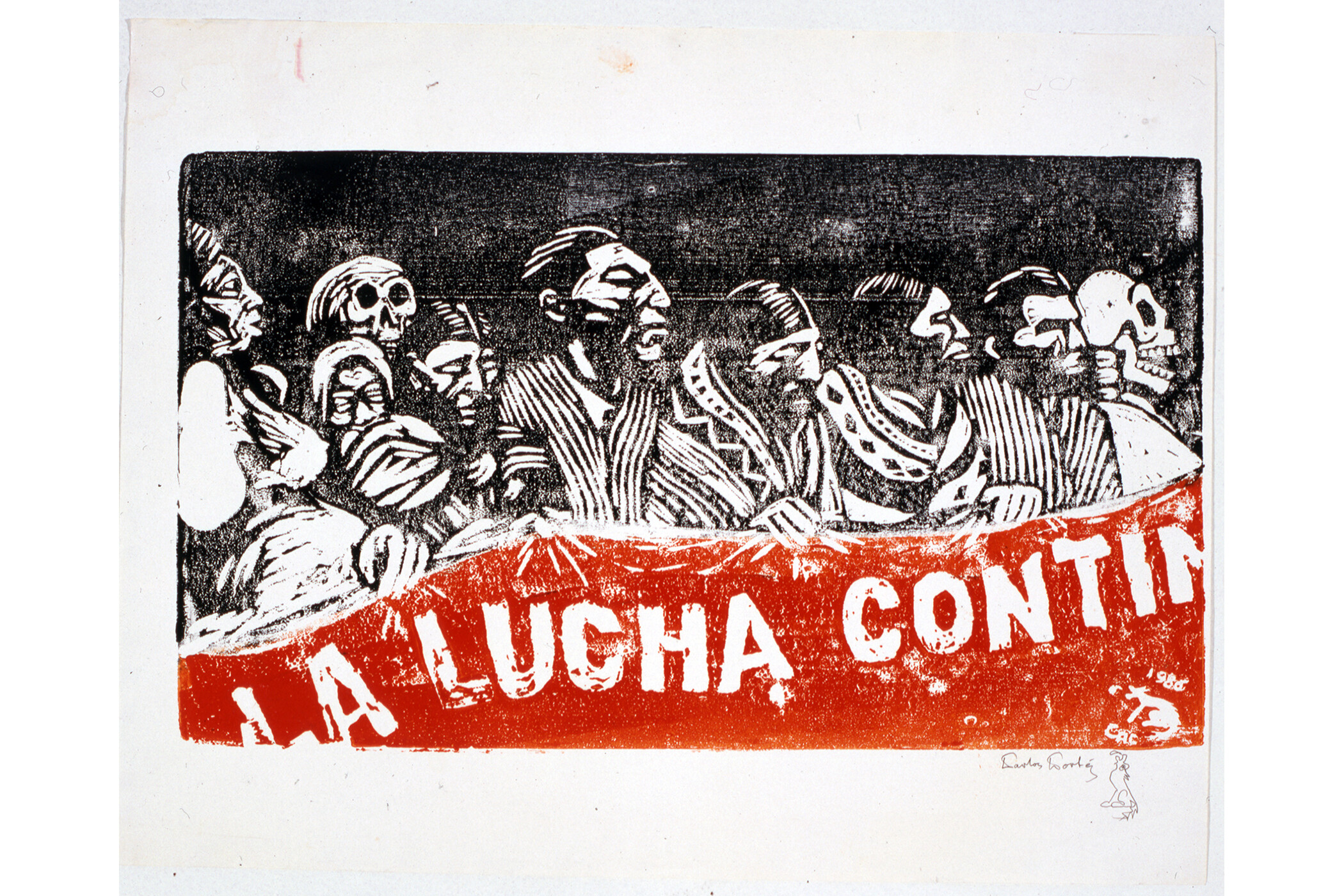 Black and white with crowd of people and skeletons protesting and holding red banner