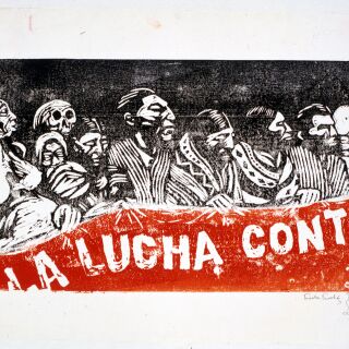 Black and white with crowd of people and skeletons protesting and holding red banner