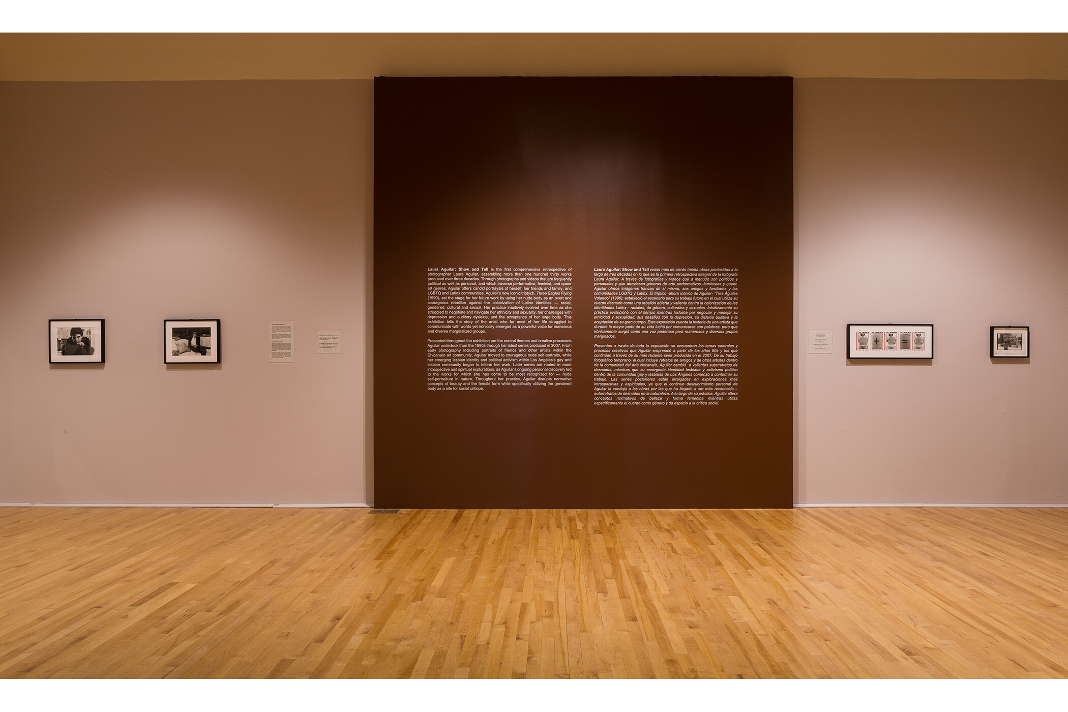 Photo of gallery wall with written description of exhibition and four black and white photographs