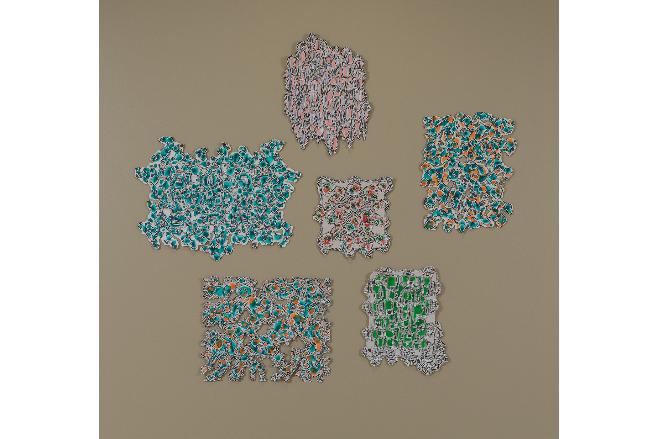 A collection of six multi-colored abstract pattern acrylic works.