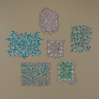 A collection of six multi-colored abstract pattern acrylic works.