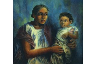 Portrait of a woman in a white dress holding a child wearing white with a doll