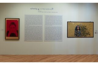 In the center is the exhibit description. On the left and right side is a piece of art by each artist.