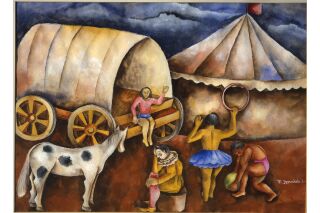 Color painting with wagon, tent, and circus performers