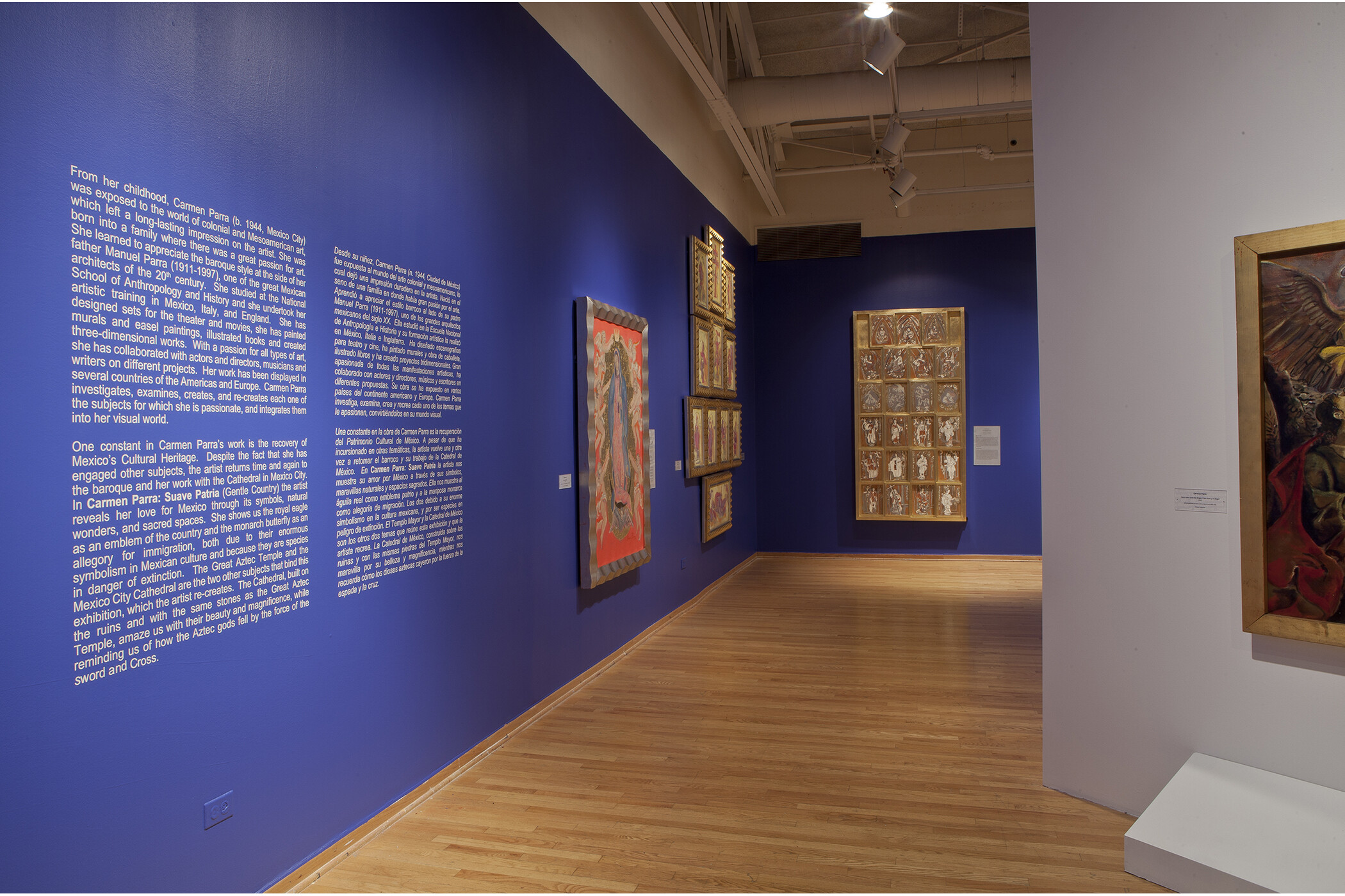 exhibition introduction text on the left wall with four other visible art pieces on the wall.