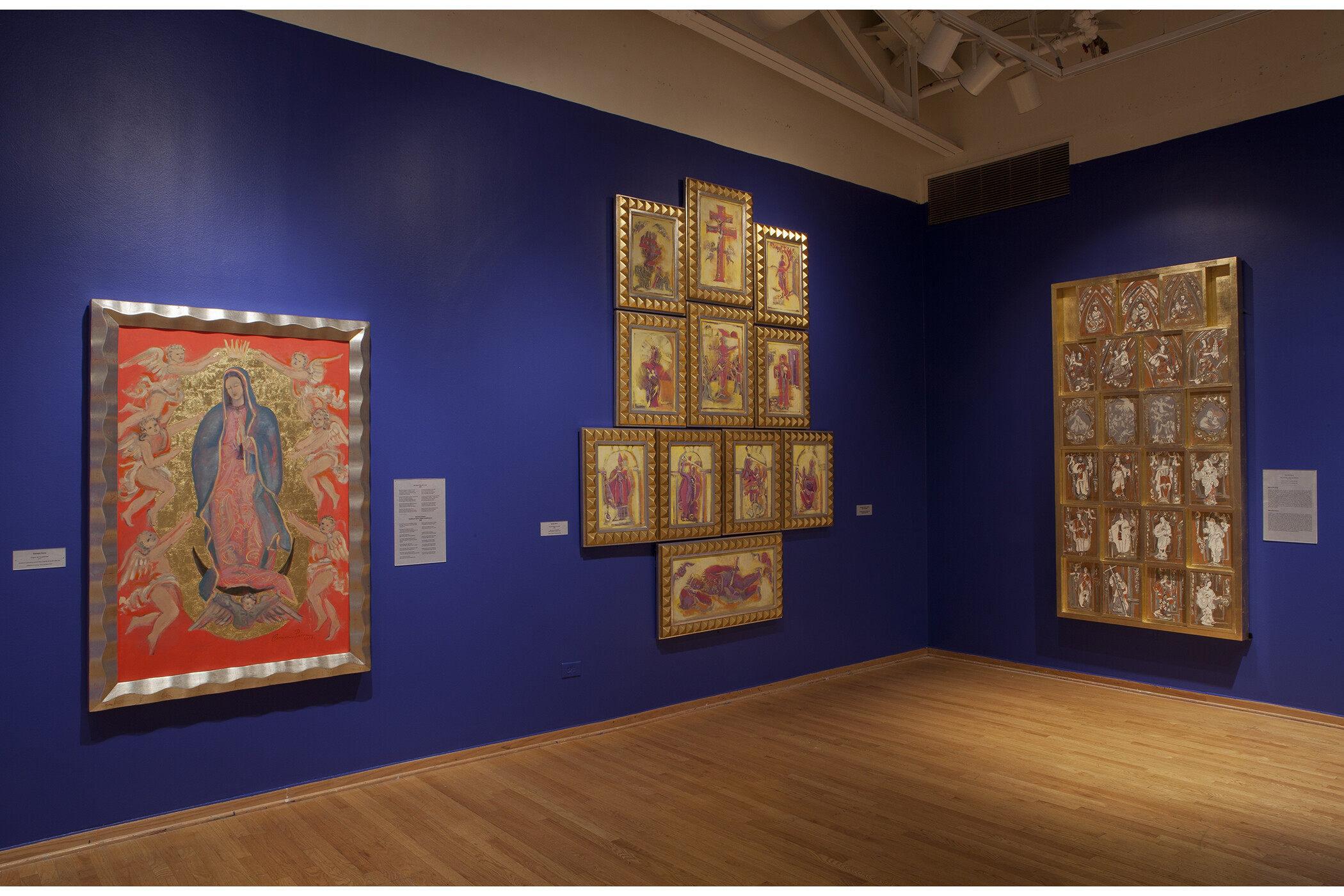 three artworks: Virgin Mary surrounded by angels, a polyptych, and an altar