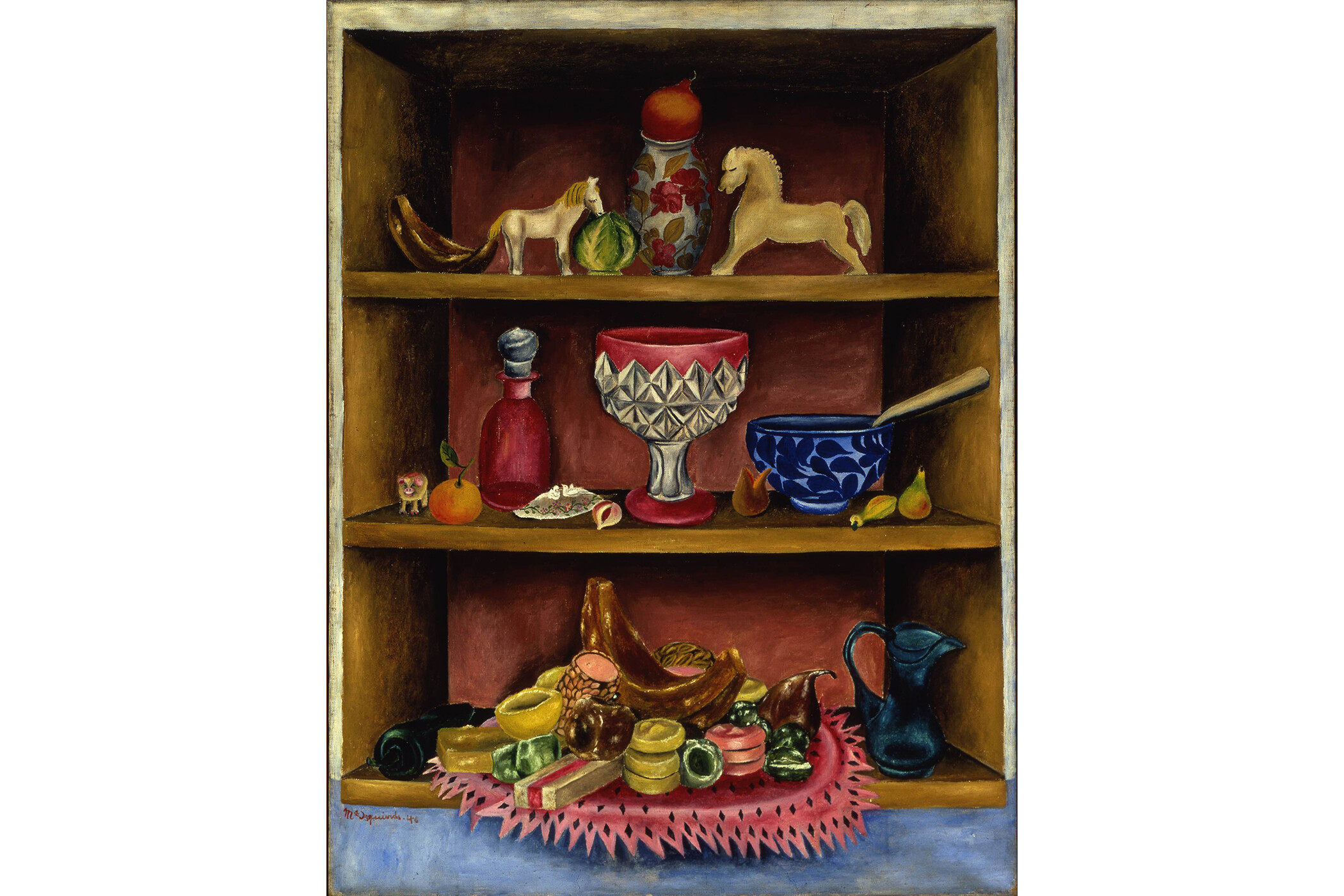 Color painting of three tier cupboard with variety of items