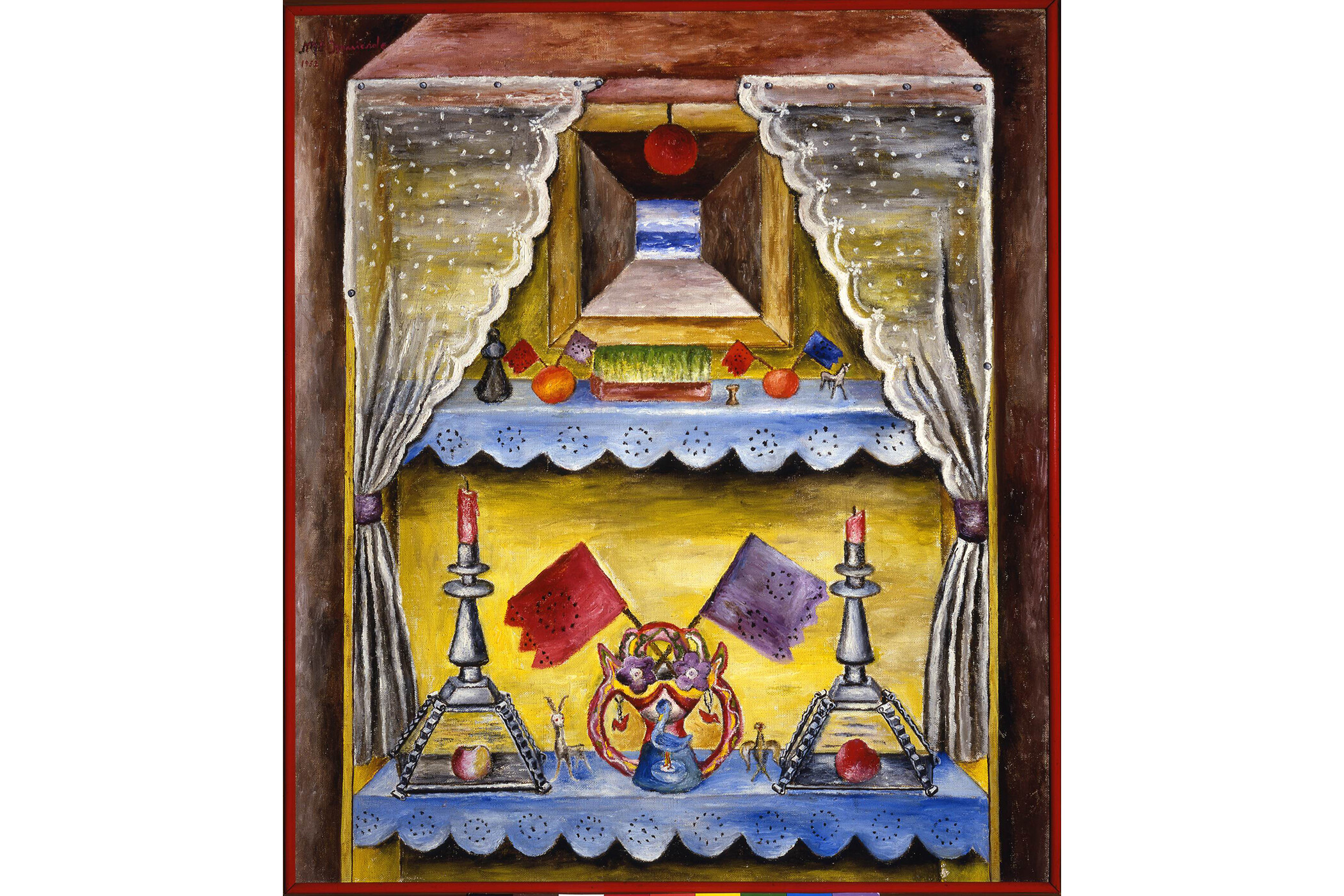 Color painting of two tier shelf with various items