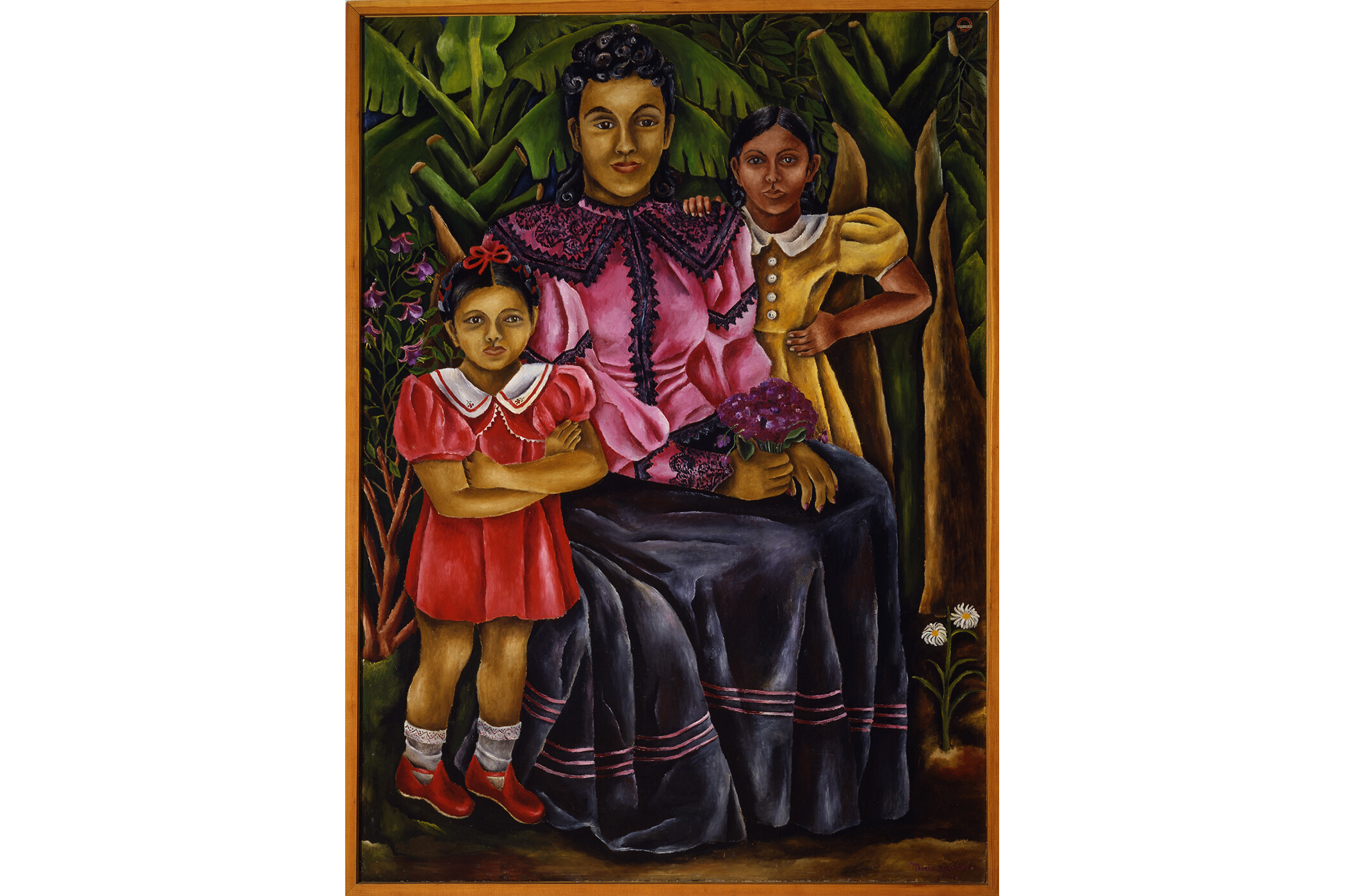 Color painting of subject with two children