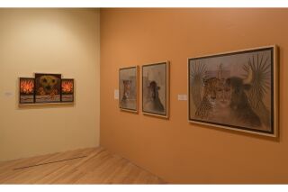 Four artworks hang in the gallery.  One, a motif to the scream painting, consisting of a scream like figure with two hands in the center, with burning candles on each side.  Two: women depicted as half human and half jaguar. Three: man depicted as half human half Bull. Four: person with the depictions of a Jaguar and a bull overlapping, all front facing.