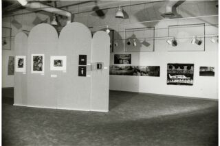 Black and white photograph of exhibition