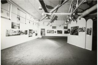 Black and white photograph of exhibition