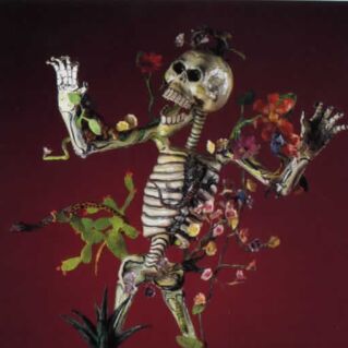 Skeleton with arms outstretched and plants and animals growing from its bones