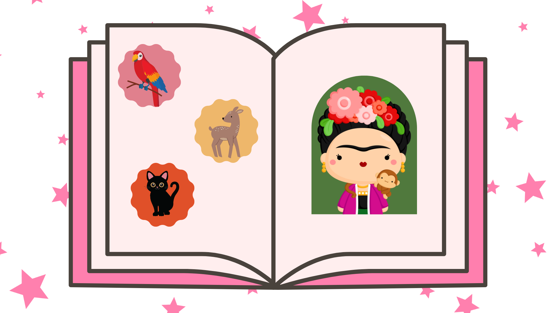 Illustration of a book in pink featuring a cartoon drawing of Frida Kahlo