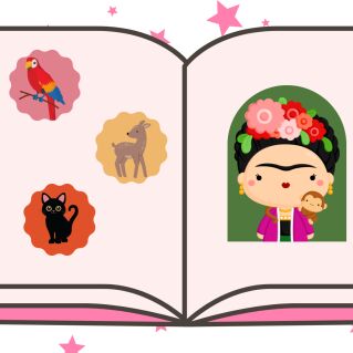 Illustration of a book in pink featuring a cartoon drawing of Frida Kahlo