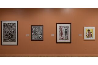 Four Art pieces hang on a wall: a woodcut, a drawing with impression of linoleum print, a woodcut, a serigraph.