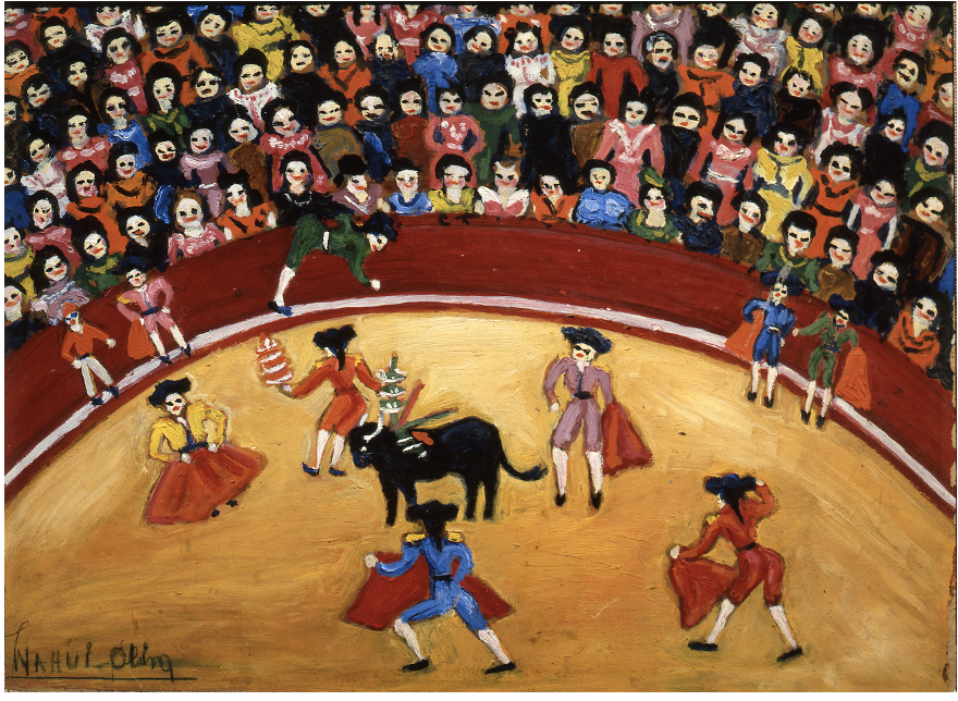 painting of bull fighters performing to a crowd