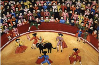 painting of bull fighters performing to a crowd