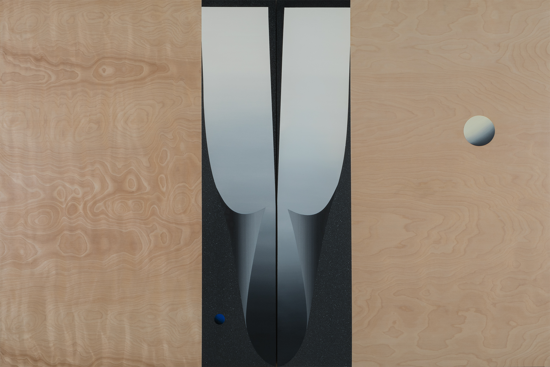 An acrylic painting on birchwood. Painting depicts a symmetrical shape in the center; reminiscent of space.