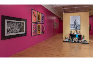 Artwork depictions: skeleton people surrounding a long table feast, collection of three color prints, an altar for a photographer. Center of altar: portrait of artist in the desert.