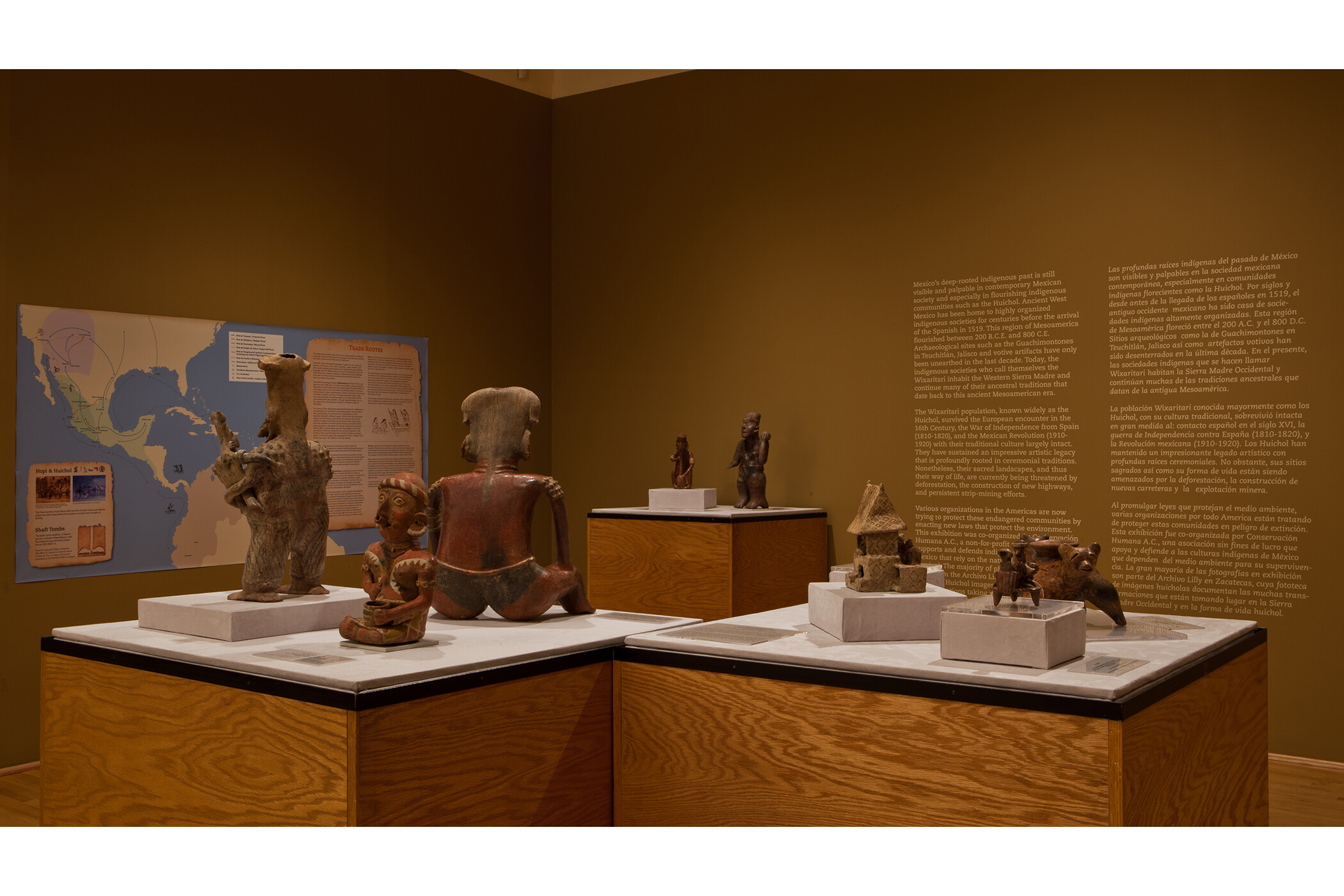 Picture of 3D art, a gallery description on the wall, and a map of the the Americas