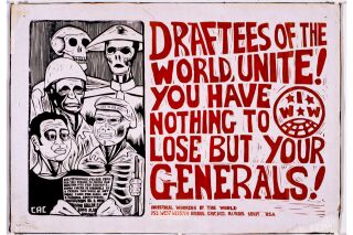 Black and white drawing of skeletons and soldiers on the left side with red text in all caps on right side