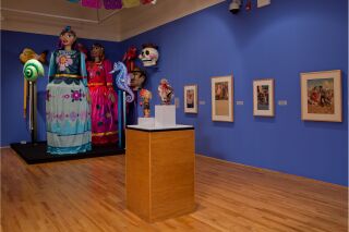Photo includes mojigangas, paintings, and other 3-D art