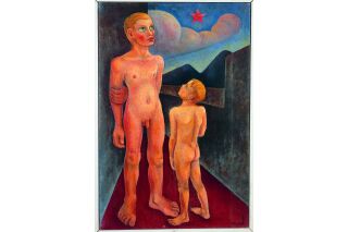 Two naked boys looking up at a red star. Boy on left is taller and boy on right is shorter