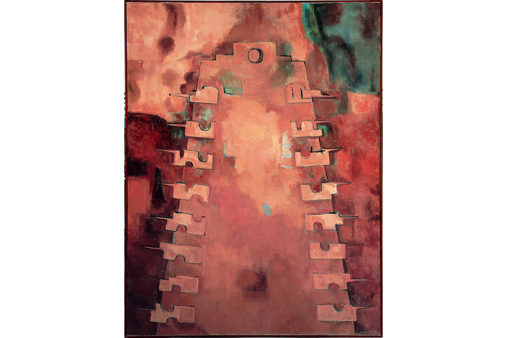 Abstract painting of tower with mostly yellow and orange colors