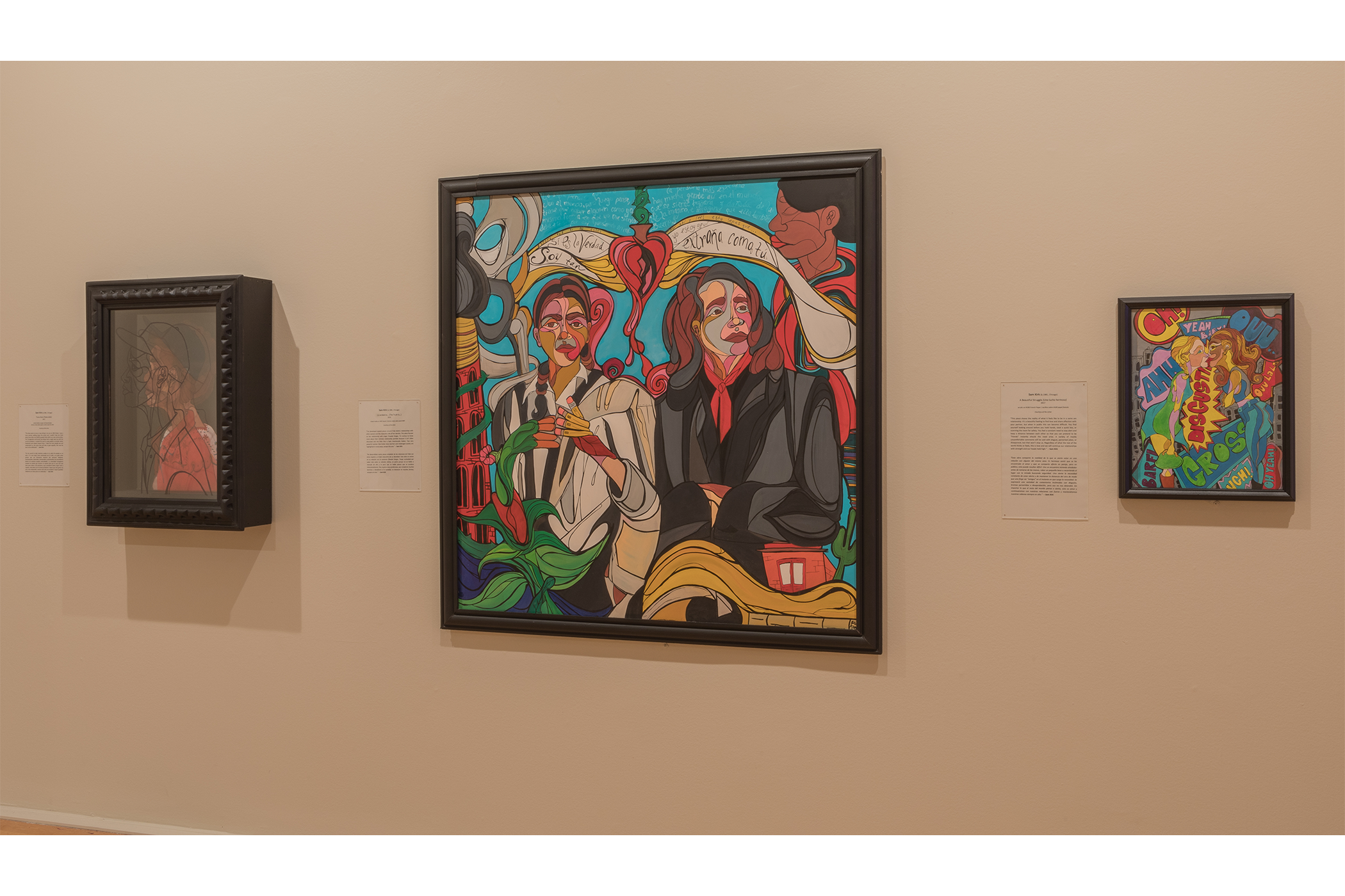 Sam Kirk artwork, left to right: A brown skin-toned women with an outline of a man panel overlay, two woman together, and two women kissing surrounded by various sound bubbles from on-lookers.