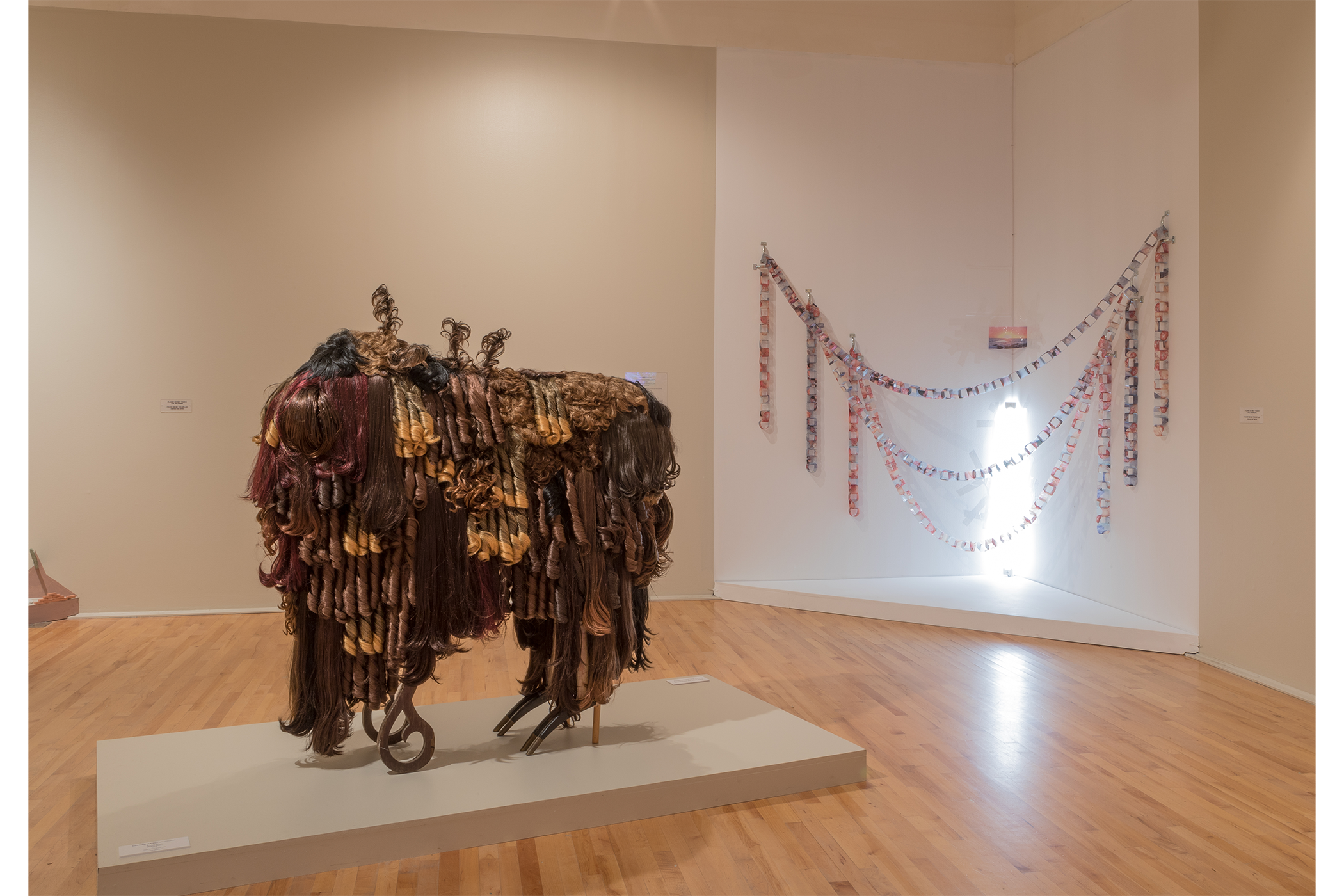 two art pieces displayed; a buffalo made out of bunches of hair, a installation of chains made out of tape and photography depicting. content warning: gore. mutilated bodies due to the cartel.