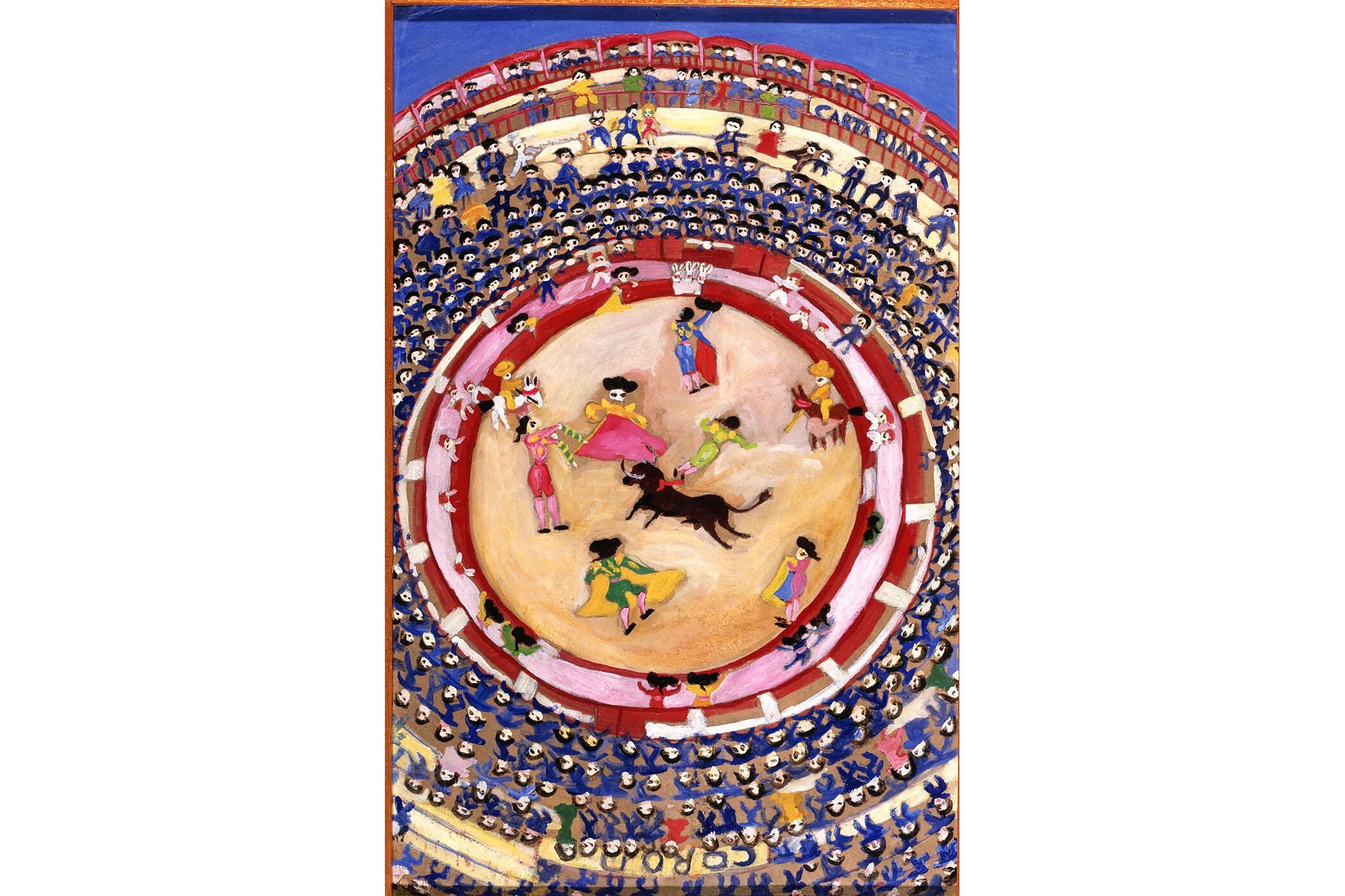 painting from above of a stadium filled with people and a bull with bullfighters in the center