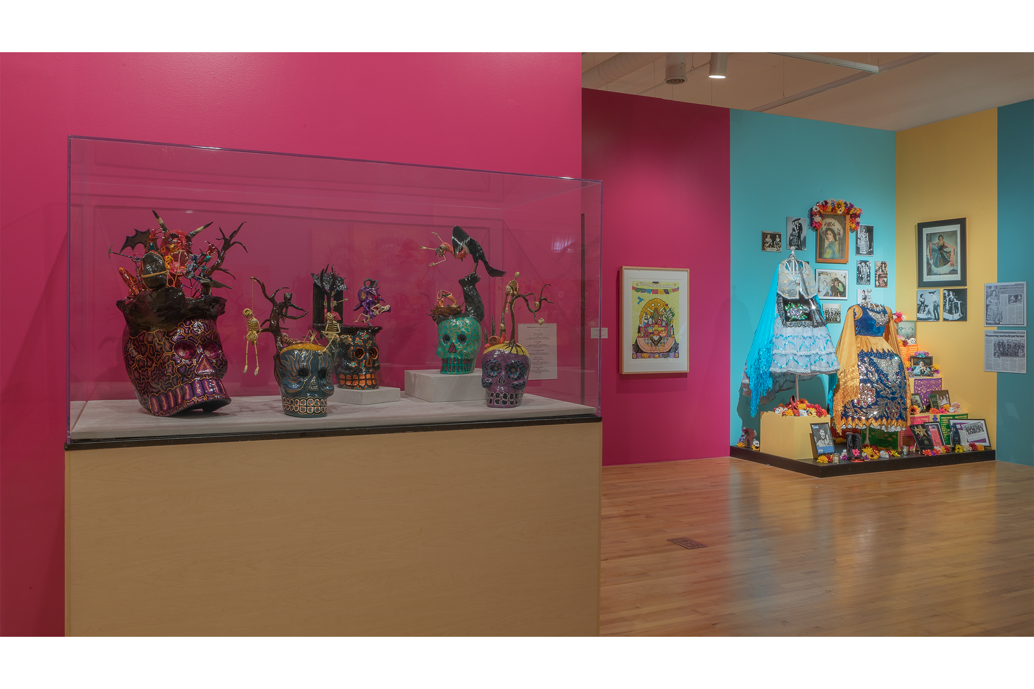 A collection of paoier-mache figurines; mostly skulls.