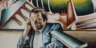 A painting of middle aged man with dark hair and glasses, wearing a suit and sitting on a chair in front of a painting.
