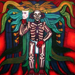 A skeleton figure holding a realistic human mask in right hand. There's colorful, fluffy, feathers behind the figure.