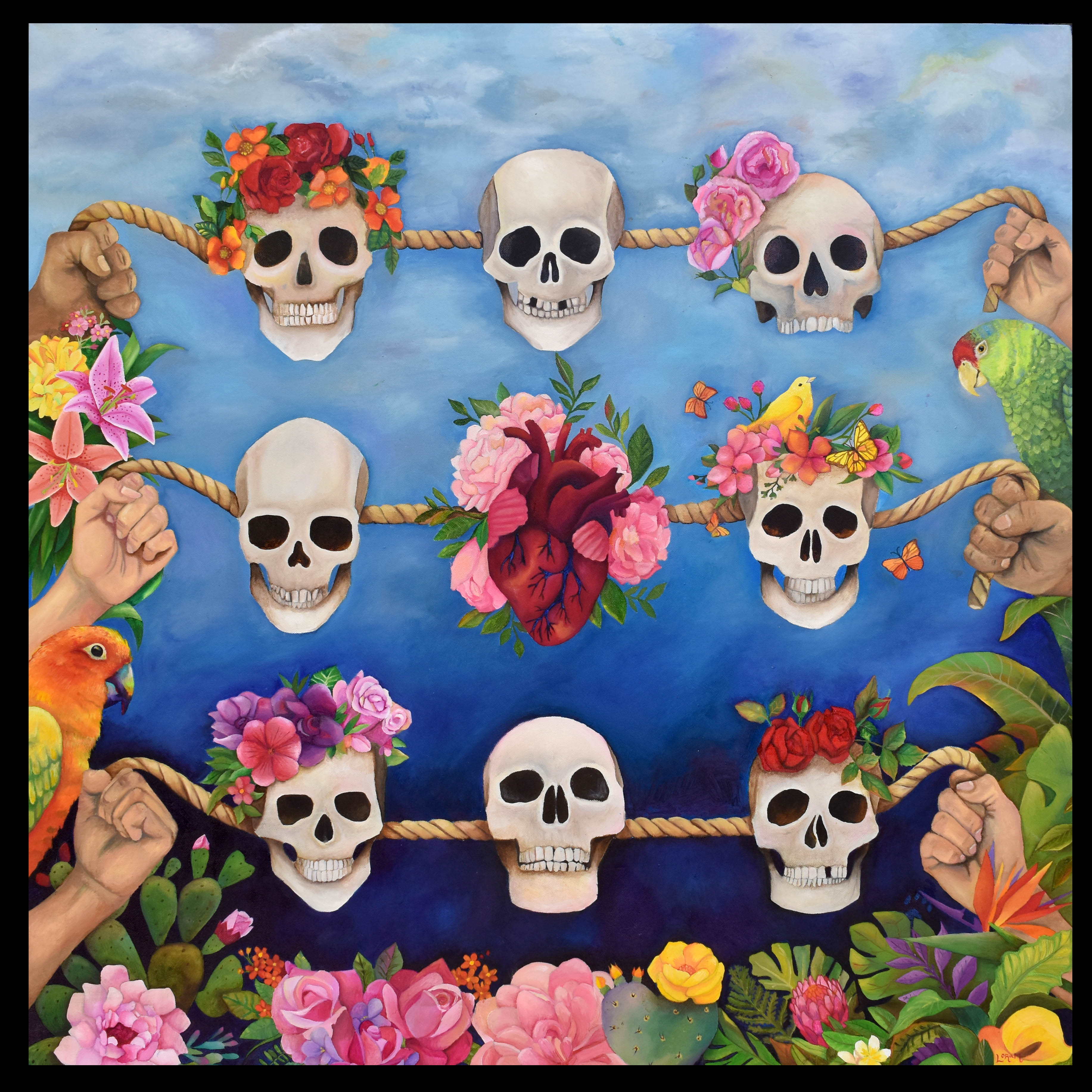 Three rows of skulls, the skulls hang on rope held by human hands at both ends. Blue sky background with floral lining the bottom.