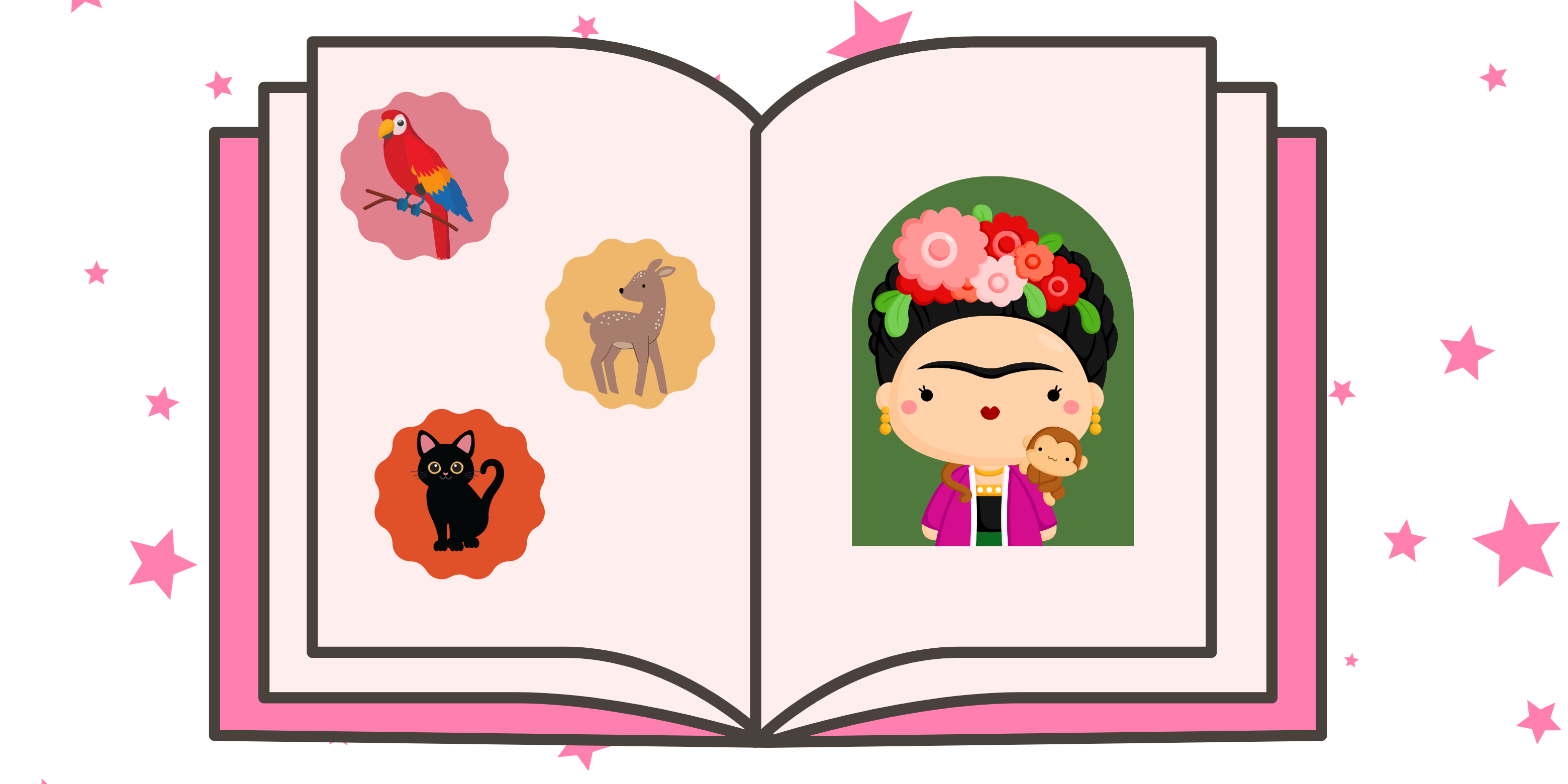 Illustration of a book in pink featuring a cartoon drawing of Frida Kahlo
