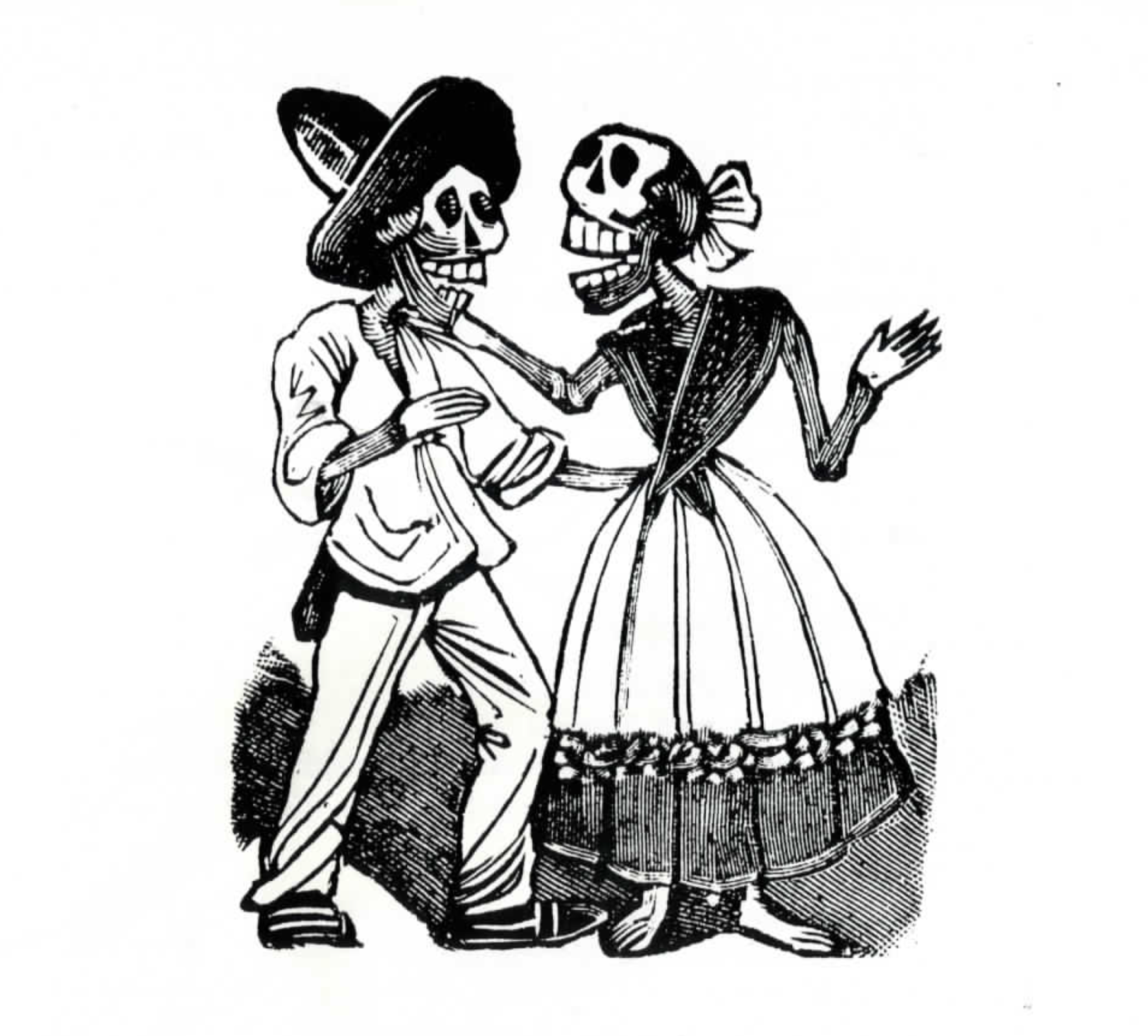 Black and white image of skeletons