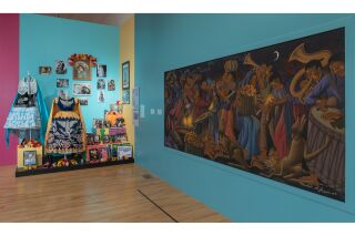An altar for Raquel Ontiveros, and an acrylic painting depicting people under the night stars celebrating with music, food, and dance.