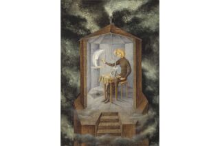 Surrealist style painting of figure feeding a crescent moon