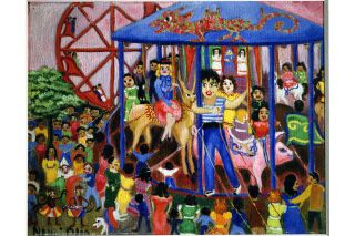 colorful painting of a carnival featuring a blue carousel full of people and surrounded by a crowd
