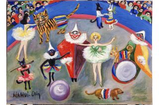 colorful painting of circus performers, including a clown, female dancers, and animals in costume