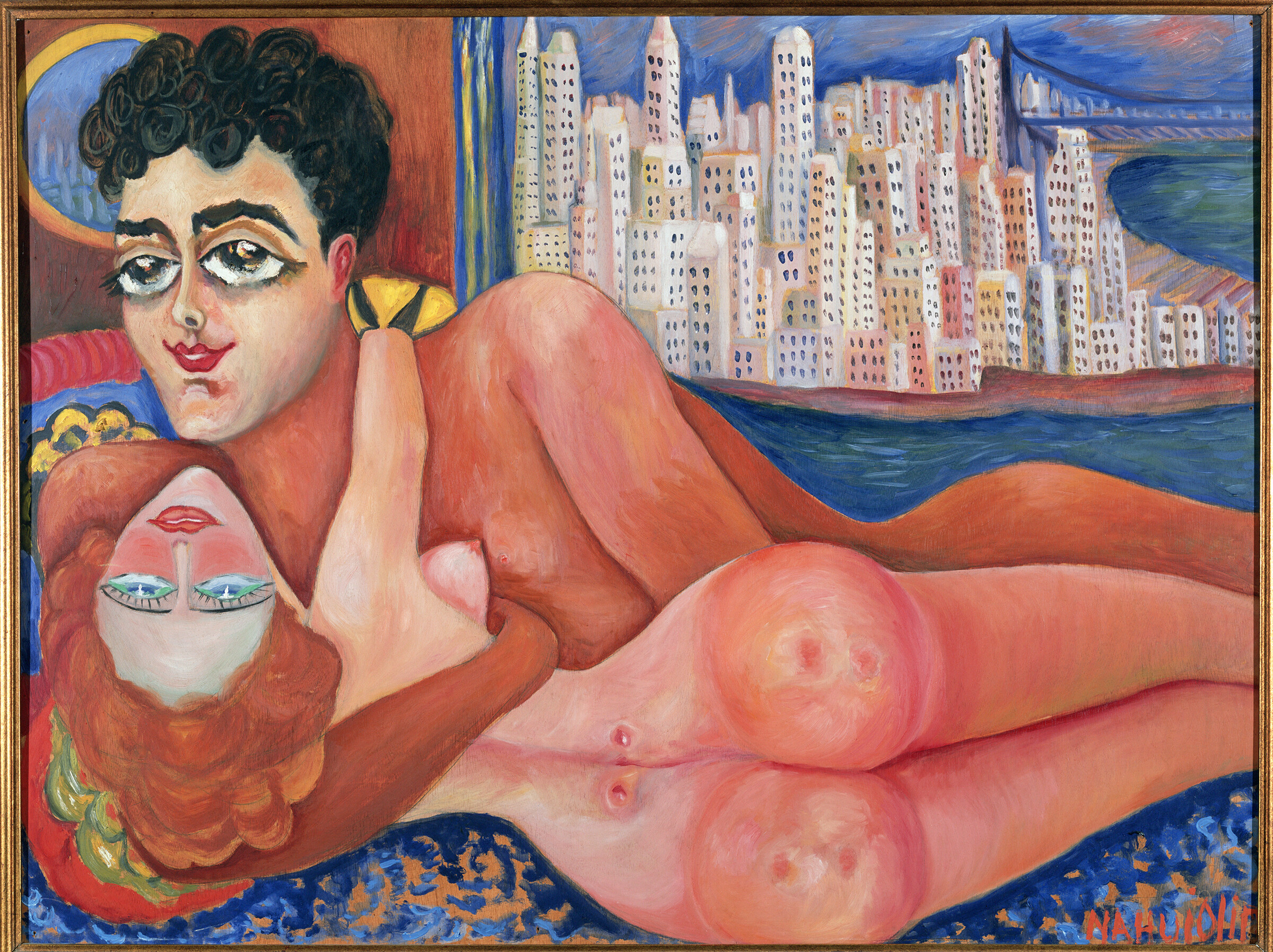 Painting of artist naked lying horizontally in naked man's arms with a view of New York City landscape
