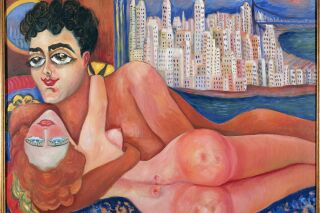 Painting of artist naked lying horizontally in naked man's arms with a view of New York City landscape