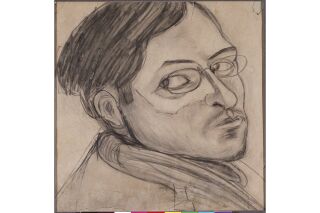 rough sketch of a man with glasses from the shoulders up looking to the left over his shoulder