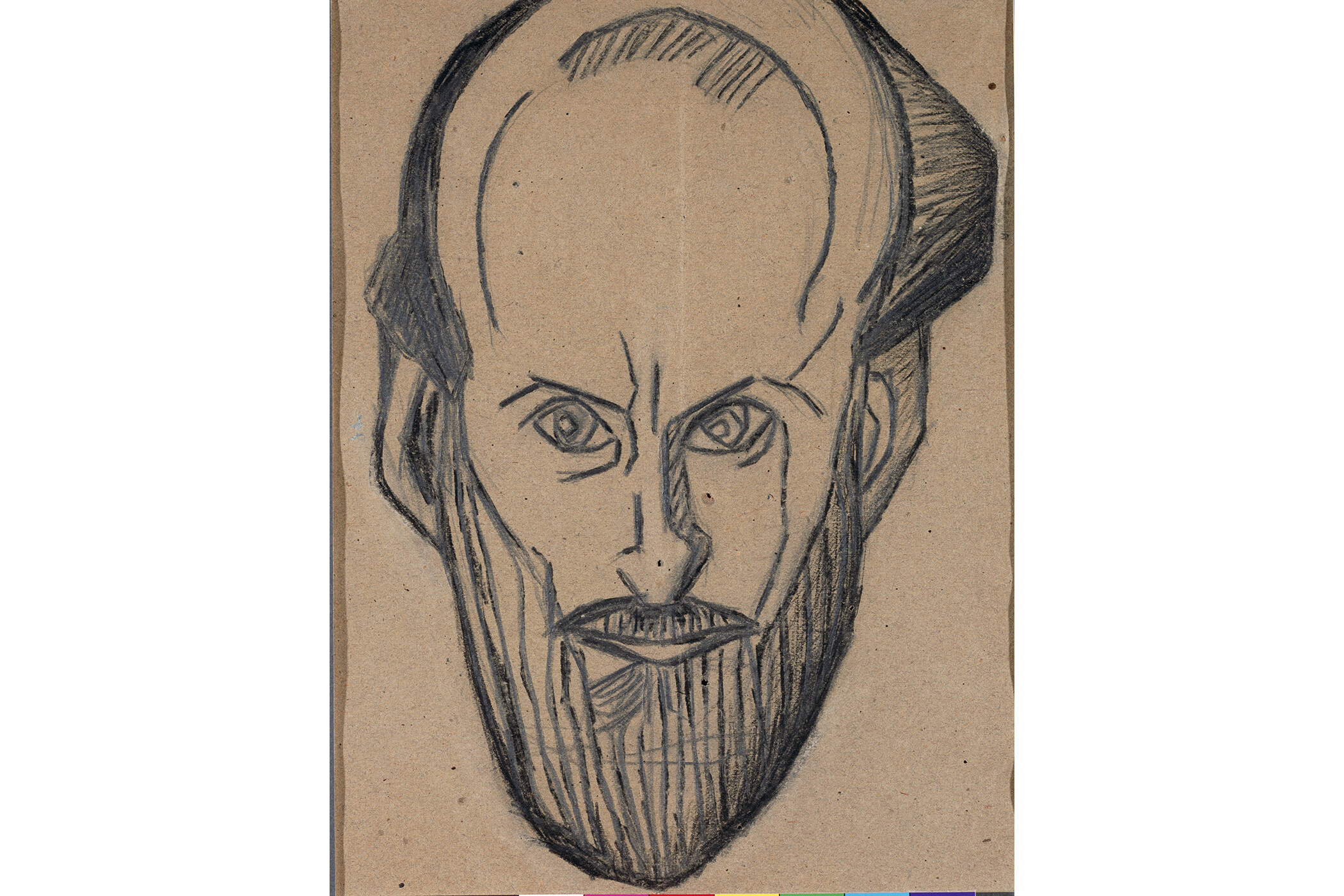 rough sketch of a man’s head. He looks straight at the viewer with an intense expression
