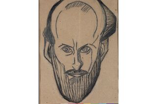rough sketch of a man’s head. He looks straight at the viewer with an intense expression