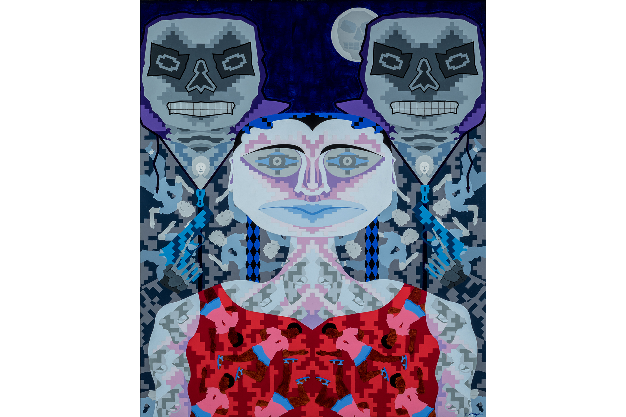 Close detail shot of artwork, women in the center with two men behind her